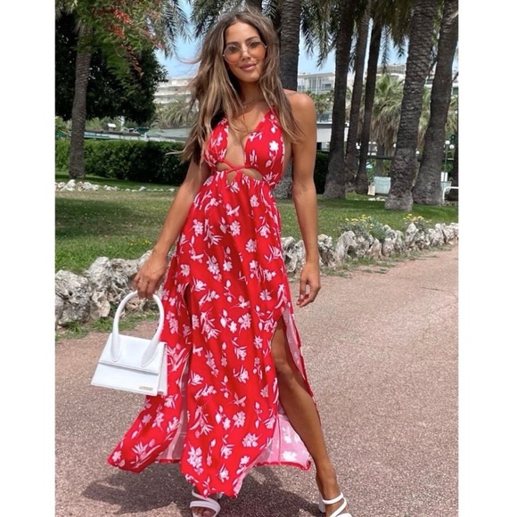Red Floral Print Sleeveless V-Neck Halter Neck Backless Cutout Slit Maxi Dress - Picture 10 of 16